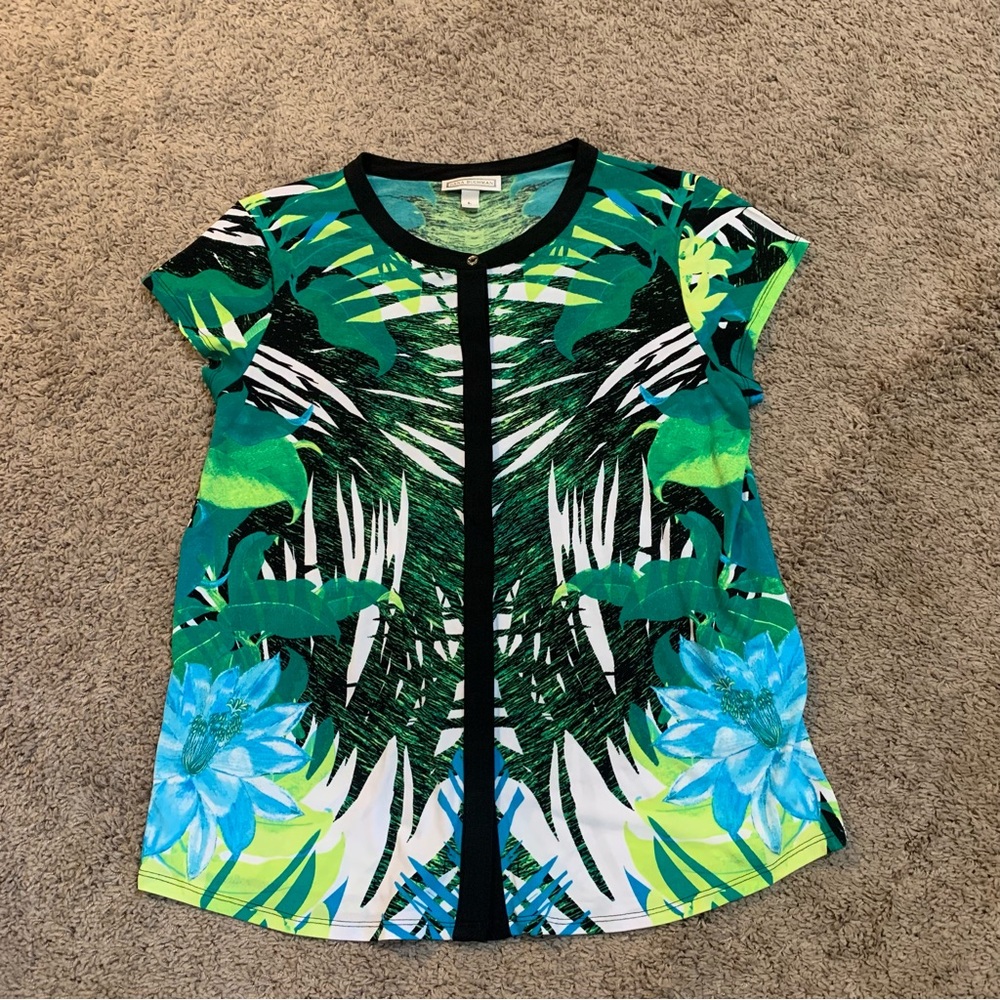 Dana Buchman Floral Tropical Print Button-Down Blouse Large